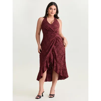 Bloomchic Women's Plus Size Floral Lace Ruffled Wrap Hem Midi Dress Deepred Synthetic Texture Midi Elegant Lac In Red