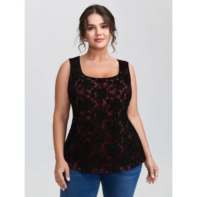 Bloomchic Women's Plus Size Floral Lace Scoop Neck Tank Top Burgundy Elegant Skinny Fit & Flare Square Neck 30