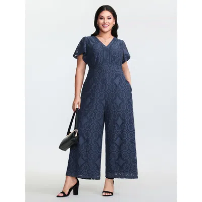 Bloomchic Women's Plus Size Floral Lace Sheer Stretchy Waist Jumpsuit Darkblue Elegant 10/m In Blue