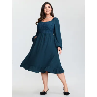 Bloomchic Women's Plus Size Floral Lace Sweetheart Neckline Midi Dress Mediumblue Solid Midi Elegant Patchwork