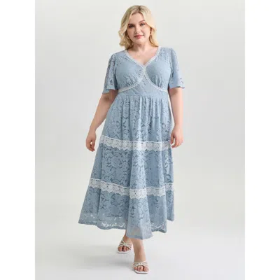 Bloomchic Women's Plus Size Floral Lace Textured Shirred Midi Dress Lightblue Synthetic Texture Midi Elegant T In Blue