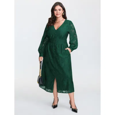 Bloomchic Women's Plus Size Floral Lace Triangular Cinched-waist Midi Dress Darkgreen Floral Midi Elegant Jacq In Green