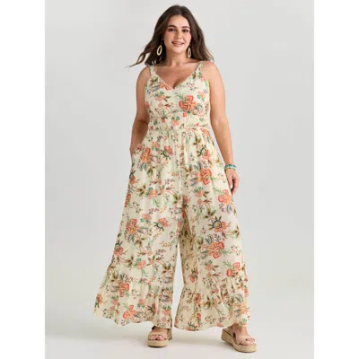 Bloomchic Women's Plus Size Floral Lace Trim Cinched-waist Jumpsuit Beige Vacation 18-20/2x In Sand