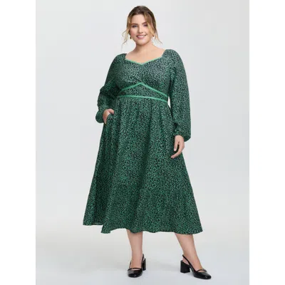 Bloomchic Women's Plus Size Floral Lace Trim Cinched-waist Maxi Dress Black Ditsy Floral Midi Elegant Woven Ri