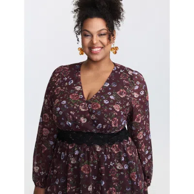 Bloomchic Women's Plus Size Floral Lace Trim Cinched-waist Mini Dress Browncoffeecolor Ditsy Floral Mini Elega