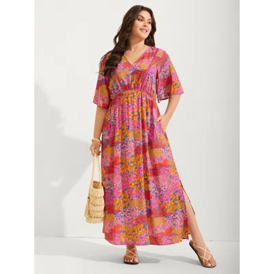 Bloomchic Women's Plus Size Floral Lace Trim Flowy Sleeve Maxi Dress Multicolor Ditsy Floral Maxi Vacation Smo