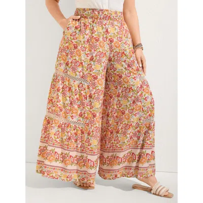 Bloomchic Women's Plus Size Floral Lace Trim Flowy Wide-leg Pants Multicolor Floral Wide Leg Mid Rise Vacation