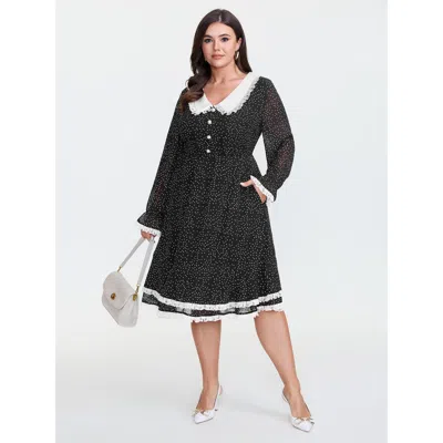 Bloomchic Women's Plus Size Floral Lace Trim Neckline Ruffled Midi Dress Black Polka Dots Midi Elegant Patchwo
