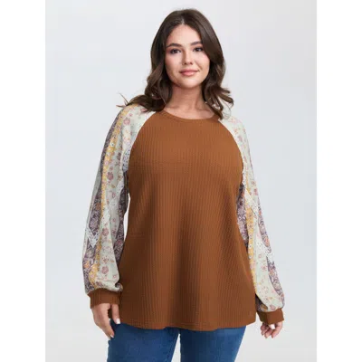 Bloomchic Women's Plus Size Floral Lace Trim Raglan Sleeve T-shirt Multicolor Floral Casual Long Sleeve 10/m