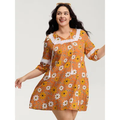 Bloomchic Women's Plus Size Floral Lace Trim Sheer Knee-length Dress Turmeric Floral Tunic Casual 12/l In Yellow