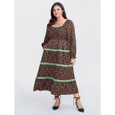 Bloomchic Women's Plus Size Floral Lace Trim Stretchy Waist Midi Dress Browncoffeecolor Ditsy Floral Midi Eleg