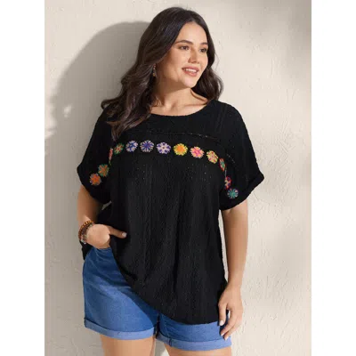Bloomchic Women's Plus Size Floral Lace Trim Textured T-shirt Black Solid Vacation Short Sleeve Round Neck 10/