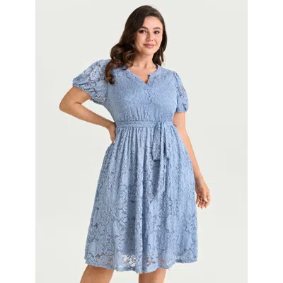 Bloomchic Women's Plus Size Floral Lace Waist-tie Flowy Mini Dress Lightblue Else Knee Length Elegant Cable Kn In Blue
