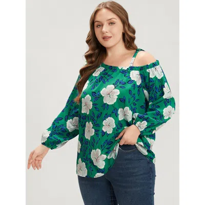 Bloomchic Women's Plus Size Floral Lantern Sleeve Adjustable Straps One Shoulder Blouse Emerald Floral Dailywe In Green
