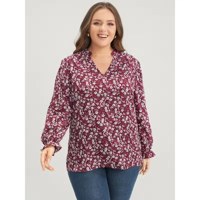 Bloomchic Women's Plus Size Floral Lantern Sleeve Arc Hem V Neck Blouse Burgundy Floral Dailywear Long Sleeve 