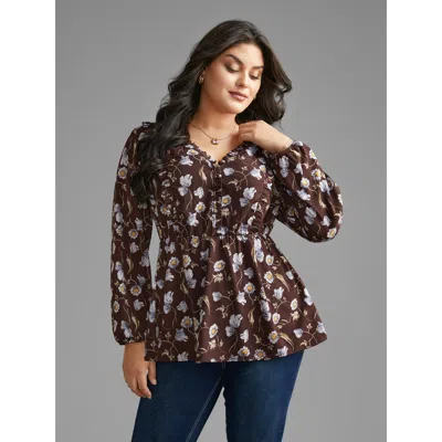 Bloomchic Women's Plus Size Floral Lantern Sleeve Frill Trim Blouse Darkbrown Floral Everyday Long Sleeve 22-2 In Brown