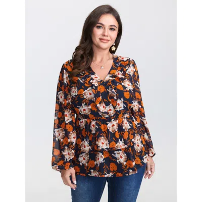 Bloomchic Women's Plus Size Floral Layered Hem Stretchy Waist Blouse Indigo Floral Elegant Extra Long Sleeve 3 In Purple