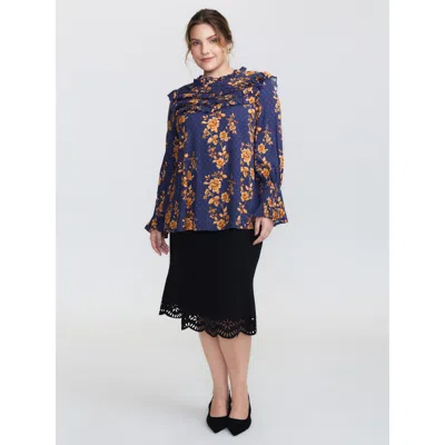 Bloomchic Women's Plus Size Floral Layered Ruffled Neckline Blouse Indigo Floral Elegant Long Sleeve 10/m In Purple