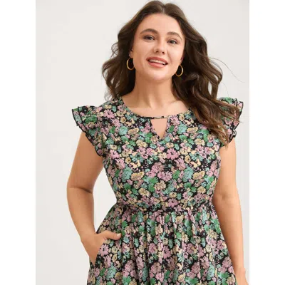 Bloomchic Women's Plus Size Floral Layered Ruffled Sleeve Midi Dress Black Floral Midi Elegant 30/6x