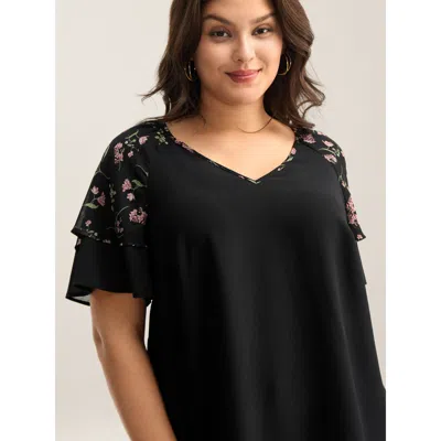 Bloomchic Women's Plus Size Floral Layered Sleeve Solid Blouse Black Ditsy Floral Casual Short Sleeve V-neck 1