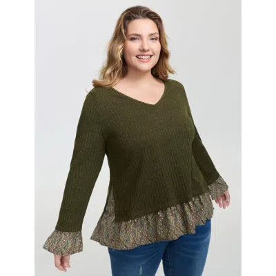 Bloomchic Women's Plus Size Floral Layered Slit Button Detail T-shirt Armygreen Paisley Casual Long Sleeve 14-