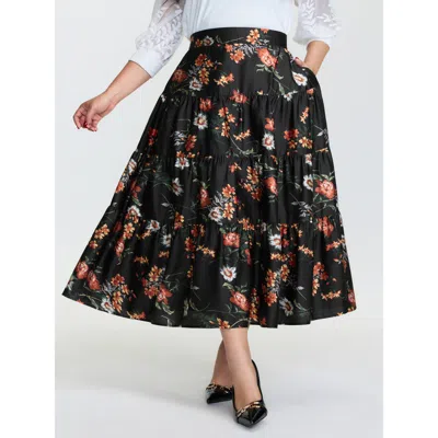 Bloomchic Women's Plus Size Floral Layered Stretchy Waistband Maxi Skirt Black Smocked A-line Elegant 14-16/1x