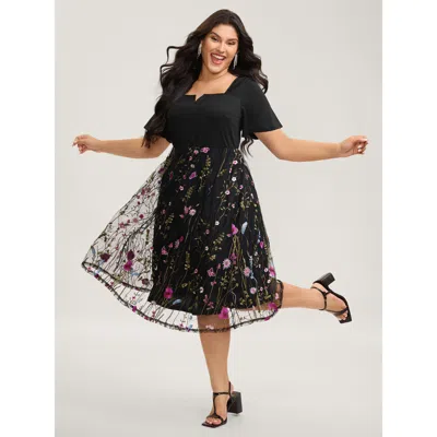 Bloomchic Women's Plus Size Floral Lined Contrast Square Neck Midi Dress Black Party Midi Ruffles 10/m
