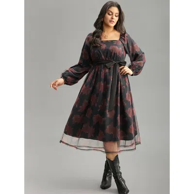 Bloomchic Women's Plus Size Floral Mesh Belted Gathered Lantern Sleeve Dress Blackflower Dailywear Elastic Cuf