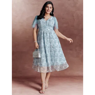 Bloomchic Women's Plus Size Floral Mesh Embroidered Lotus Leaf Sleeve Midi Dress Lightblue Non Midi Party Gath In Blue