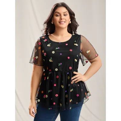 Bloomchic Women's Plus Size Floral Mesh Embroidery Babydoll Blouse Black Floral Casual Short Sleeve Round Neck