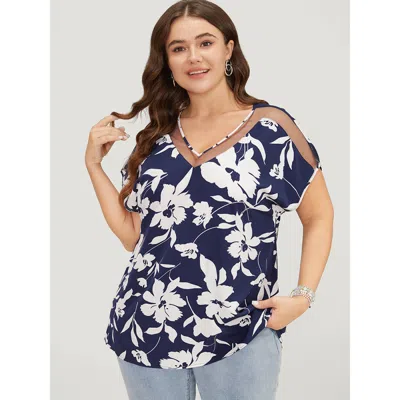 Bloomchic Women's Plus Size Floral Mesh Insert Dolman Sleeve Blouse Darkblue Dailywear Short Sleeve 10/m In Blue