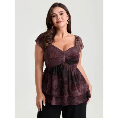 Bloomchic Women's Plus Size Floral Mesh Layered Fit And Flare Knit Top Plum Cap Sleeve Elegant 10/m In Purple