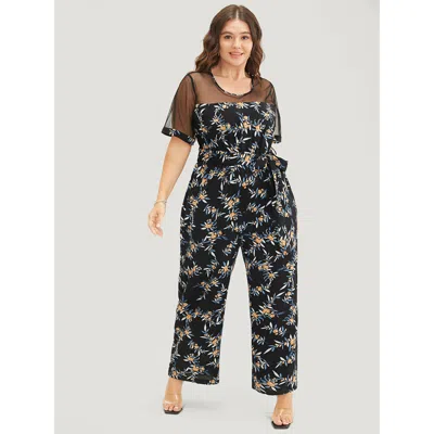 Bloomchic Women's Plus Size Floral Mesh Patchwork Crew Neck Pocket Belted Jumpsuit Black Dailywear 28/5x