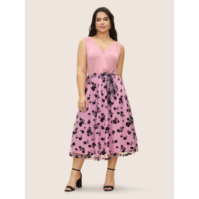 Bloomchic Women's Plus Size Floral Mesh Patchwork Surplice Neck Tank Dress Pink Floral Midi Party Mesh Panel 1
