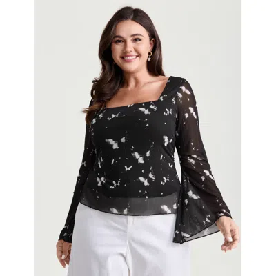 Bloomchic Women's Plus Size Floral Mesh Shirred Waist T-shirt Black Ditsy Floral Elegant Long Sleeve 26/4x