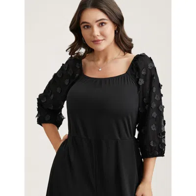 Bloomchic Women's Plus Size Floral Mesh Sleeve Pockets Straight-leg Jumpsuit Black Elegant 26/4x