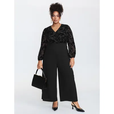 Bloomchic Women's Plus Size Floral Mesh Sleeve Surplice Flared Jumpsuit Black Elegant 30/6x