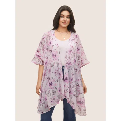 Bloomchic Women's Plus Size Floral Mesh Split Side Asymmetrical Hem Kimono Lavender See Through 10/m In Purple