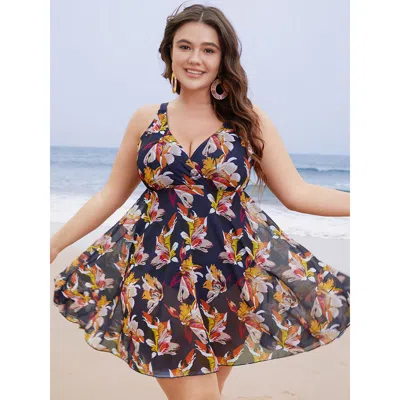 Bloomchic Floral Mesh Surplice Neck Ruffles Swim Dress In Purple