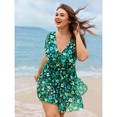Bloomchic Women's Plus Size Floral Mesh Tie Front Swim Dress Black Floral Mesh Panel Adjustable Straps 10/m
