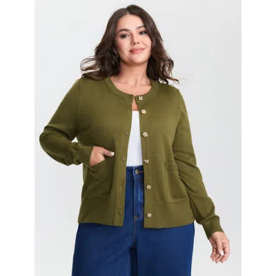 Bloomchic Women's Plus Size Floral Metal Buttons Wool Blend Knit Cardigan Olive Long Sleeve Round Neck 10/m In Green