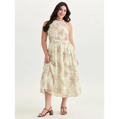 Bloomchic Women's Plus Size Floral Mix Halter Neckline Shirred Maxi Dress Whitesmoke Floral Length Elegant 22-