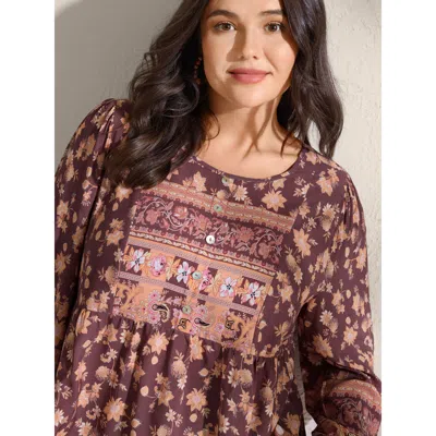 Bloomchic Women's Plus Size Floral Mixed Print Puffy Sleeve Blouse Browncoffeecolor Bohemian Print Vacation Lo
