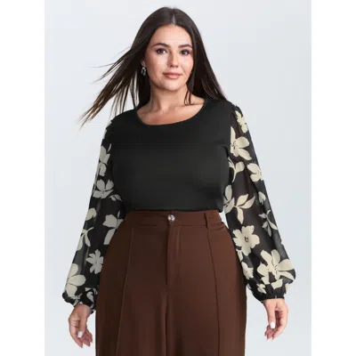 Bloomchic Women's Plus Size Floral Monochrome Print Round Neck Blouse Black Floral Office Long Sleeve 10/m