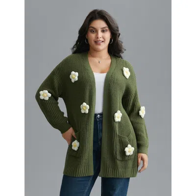 Bloomchic Women's Plus Size Floral Motifs V-neck Pockets Knit Cardigan Moss Long Sleeve 22-24/3x In Green