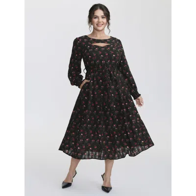 Bloomchic Women's Plus Size Floral Neck Cut-out Shirred Maxi Dress Black Floral Midi Elegant Belted 12/l