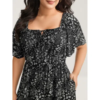 Bloomchic Women's Plus Size Floral Neck Drawstring Flared Sleeve Midi Dress Black Ditsy Floral Midi Elegant La