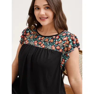 Bloomchic Women's Plus Size Floral Neckline Flutter Sleeve Contrast T-shirt Black Ditsy Floral Elegant Short S