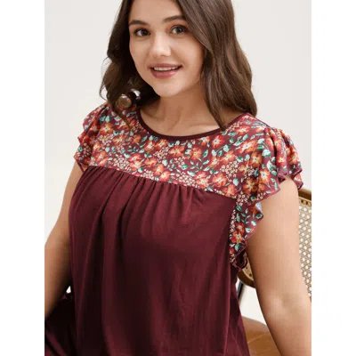 Bloomchic Women's Plus Size Floral Neckline Flutter Sleeve Contrast T-shirt Burgundy Ditsy Floral Elegant Shor