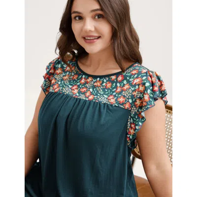 Bloomchic Women's Plus Size Floral Neckline Flutter Sleeve Contrast T-shirt Mediumblue Ditsy Floral Elegant Sh